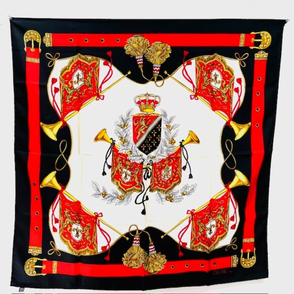 Unused Celine Paris 100% Silk Scarf Satin 34" Beige Black Red Prumpet Bow  (37 - Picture 13 of 16